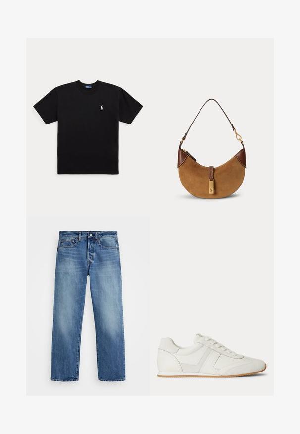 Sort T-shirt med korte ærmer og rund halsudskæring med lille hvidt broderet Polo Ralph Lauren-logo på venstre bryst.; Lysblå denim bukser med lige snit, fem lommer, bæltestropper og kobberknaplukning. Afblegede områder giver struktur.; Hvid lavtop sneaker med snørelukning foran, ruskind- og læderpaneler og en lysebrun gummisål på en hvid baggrund.; Brun ruskind halv-måne taske med mørkebrune læderdetaljer, guldfarvet hardware og kort skulderrem.