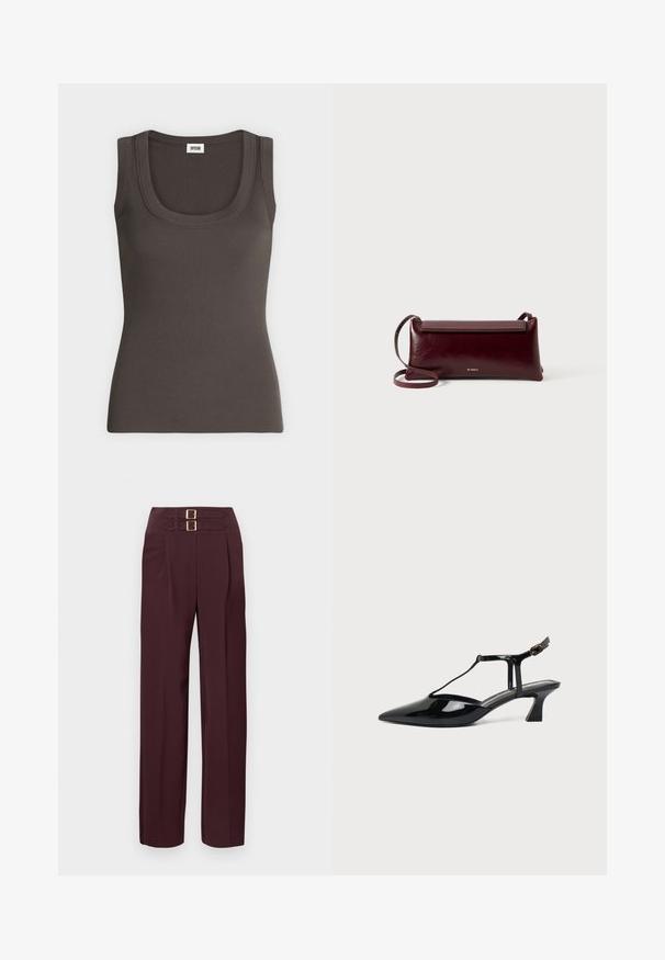 Débardeur côtelé gris foncé sans manches avec encolure dégagée, présenté sur un fond blanc uni.; Pantalon taille haute de couleur bordeaux foncé avec deux sangles à boucle dorée en haut et une coupe droite.; Chaussure slingback en cuir verni noir à bout pointu avec bride en T et petit talon bloc incliné sur fond blanc.; Sac à bandoulière en cuir bordeaux avec une texture lisse, de forme rectangulaire, fermeture à rabat et une fine sangle réglable. Détail du logo doré visible.
