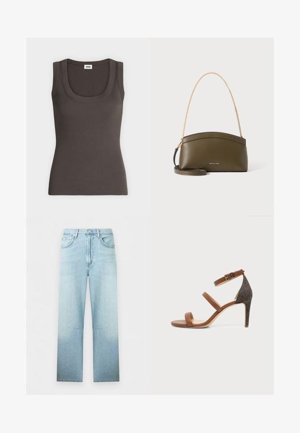 Débardeur côtelé gris foncé sans manches avec encolure dégagée, présenté sur un fond blanc uni.; Jean en denim bleu clair à jambes droites, taille haute, bouton et fermeture éclair à l’avant, avec coutures visibles aux genoux.; Sandale marron à talon haut avec trois brides, boucle à la cheville avec logo, talon texturé et panneau arrière marron foncé.; Sac à main Michael Kors vert olive avec bandoulière en chaîne dorée, dessus courbé et petit logo doré sur le devant, présenté sur fond blanc.