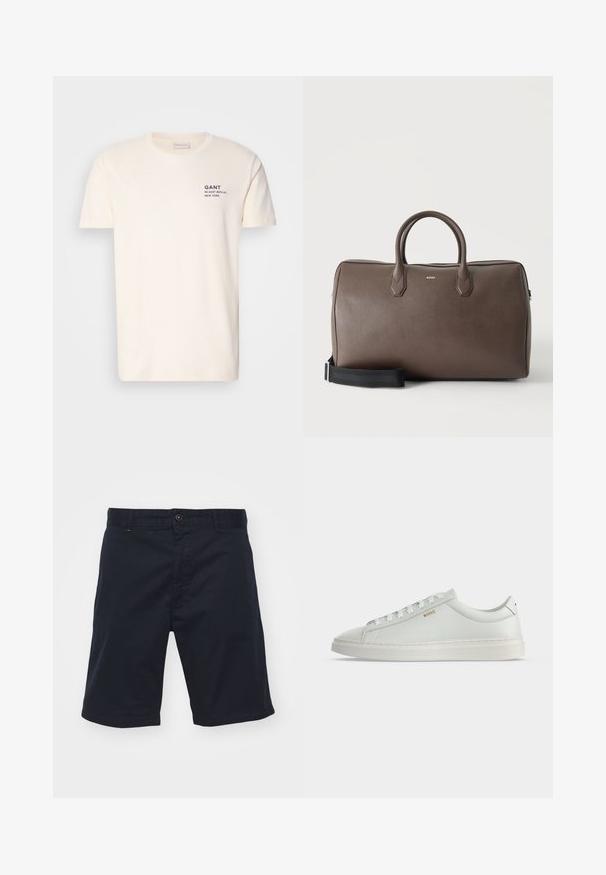 T-shirt en coton couleur crème avec un col rond, des manches courtes et une petite impression marine sur la poitrine indiquant "GANT 32 EAST 39TH ST. NEW YORK."; Shorts en coton bleu marine avec une fermeture à bouton, coupe droite et poches avant. Présente une texture lisse et un design simple.; Baskets basses blanches en cuir avec lacets, semelle plate et petit logo doré "BOSS" sur le côté, vues de l'extérieur.; Sac de sport en cuir marron avec deux poignées, une bandoulière noire réglable et un petit logo "BOSS" au centre à l'avant.
