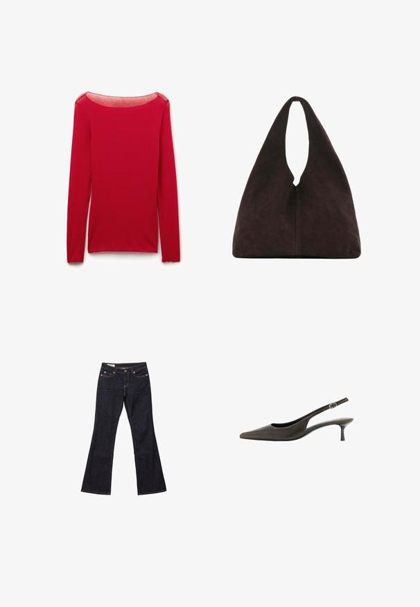 Rotes, figurbetontes Langarmtop mit transparentem rundem Ausschnitt, flach auf weißem Hintergrund präsentiert.; Dunkelblaue Bootcut-Denim-Jeans mit Fronttaschen, Knopfverschluss und sichtbaren Nähten.; Schwarzer Lederslingback mit spitzer Schuhspitze, niedrigem Kittenabsatz und kleinem verstellbarem Schnallenriemen.; Weiche dunkelbraune dreieckige Schultertasche mit einem einzelnen breiten Grifföffnung oben und glatter Oberflächenstruktur.