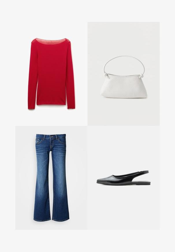 Top ajustado de manga larga roja con un escote redondeado transparente, presentado plano sobre un fondo blanco.; Jeans de mezclilla acampanados en azul oscuro, con un diseño clásico de cinco bolsillos, cierre de botón y costuras contrastantes. Textura suave.; Zapato plano slingback de charol negro con punta afilada y tacón bajo sobre fondo blanco.; Bolso de mano de cuero blanco tejido con asa redondeada y extremos de la correa anudados, exhibido sobre un fondo liso.