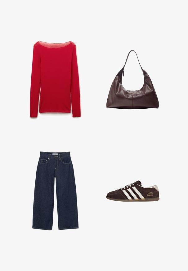 Rotes, figurbetontes Langarmtop mit transparentem rundem Ausschnitt, flach auf weißem Hintergrund präsentiert.; Dunkelblaue Jeans mit weitem Bein, Vordertaschen, Gürtelschlaufen, Knopfverschluss und kontrastierenden Nähten.; Braune Wildleder-Sneaker mit drei weißen Streifen, Gummisohle und Textlabel "Gazelle" in Gold. Schnürdesign mit grauen Schnürsenkeln.; Dunkelbraune Lederschultertasche mit einem einzelnen Riemen und einem Reißverschluss auf der einen Seite, weiche, lockere Struktur und glatte Textur.