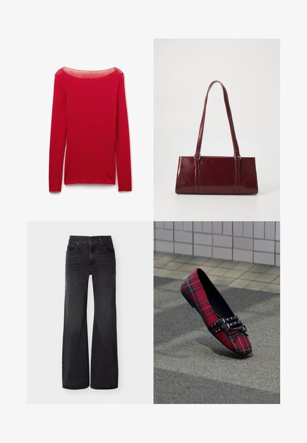 Top ajustado de manga larga roja con un escote redondeado transparente, presentado plano sobre un fondo blanco.; Vaqueros negros de cintura alta y pierna ancha con botones delanteros, cremallera, trabillas para cinturón y diseño de cinco bolsillos sobre un fondo liso.; Zapato plano rojo de tartán con puntera puntiaguda, doble tira negra con tachuelas y lazo, colocado sobre asfalto cerca de un fondo de pared con azulejos.; Bolso burdeos hecho de material brillante, de forma rectangular, con dos asas para el hombro y sutiles acentos curvados en la parte frontal.