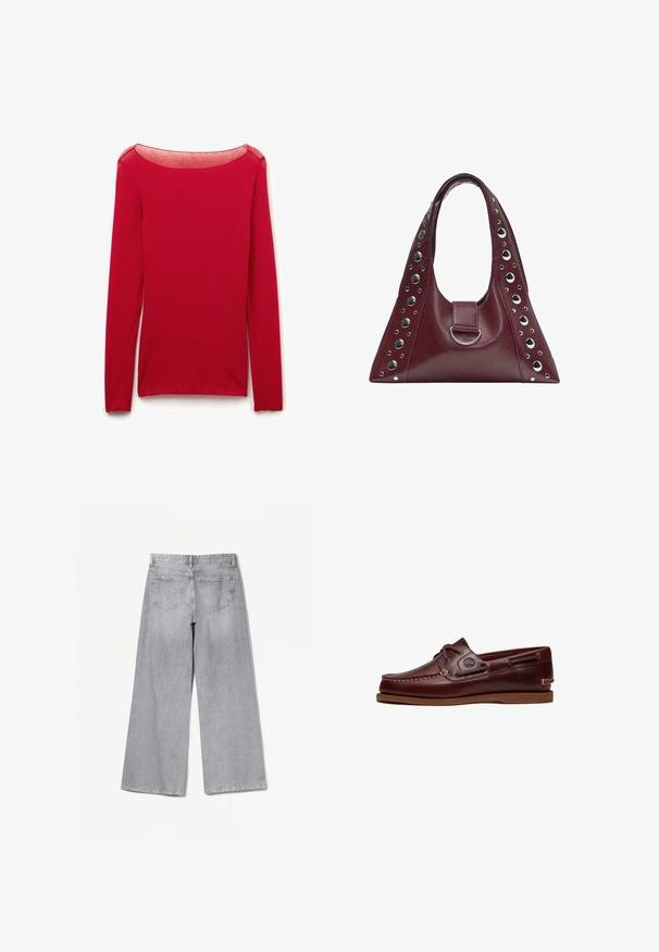 Haut rouge à manches longues ajusté avec un décolleté arrondi transparent, présenté à plat sur un fond blanc.; Jean large gris à taille haute, avec une texture lisse, deux poches arrière et des détails de couture subtils.; Chaussure bateau en cuir marron avec lacets, détails de couture et logo Timberland sur le côté, présentée sur un fond blanc.; Sac à main en cuir bordeaux de forme triangulaire, avec une seule bandoulière, des clous circulaires argentés le long des bords et un détail central en anneau argenté.