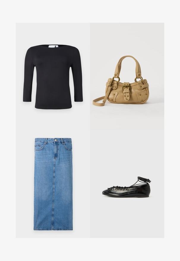 Zwarte long sleeve top met ronde halslijn, gemaakt van een gladde, rekbare stof. Heeft een getailleerde pasvorm en geen zichtbare patronen of accenten.; Denim midi rok in lichtblauw, met een rechte silhouet, zijnaad, en standaard taille met vijf riemlussen en een metalen knoopsluiting.; Zwarte ballerina's van lakleer met een afgeronde neus, veterdesign en een platte zool. Glad oppervlak met minimale details.; Beige leren handtas met dubbele handvatten, messing gesps en klinknagel details, en een verstelbare schouderriem tegen een witte achtergrond.