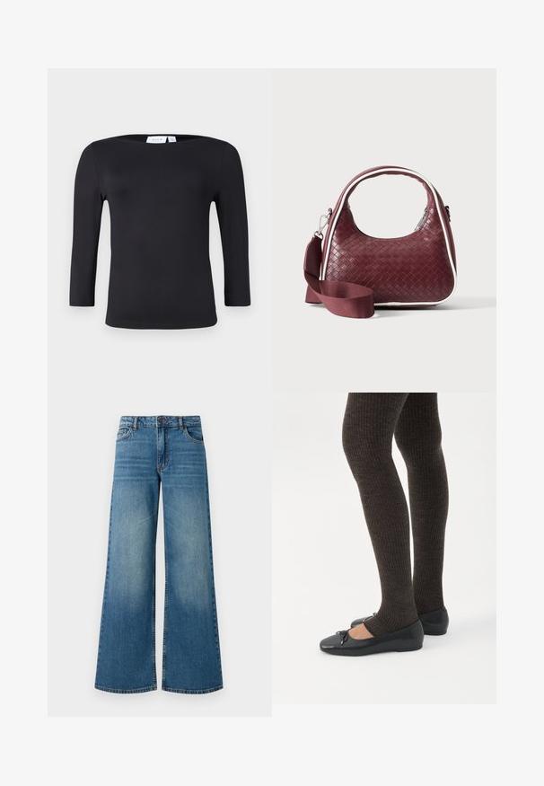 Sort langærmet top med rund halsudskæring, lavet af glat, strækbart stof. Har en tætsiddende silhuet uden synlige mønstre eller detaljer.; Bredde ben blå denimjeans med en falmet finish, fem-lomme design og standard talje med metalknap og lynlåslukning.; Ben iført mørke ribbede leggings kombineret med sorte balletsko med små sløjfedetaljer på hvid baggrund.; Mørkerød vævet lædertaske med buet hank, hvid kant, sølv lynlås og aftagelig bred stofskulderrem mod en ensfarvet baggrund.