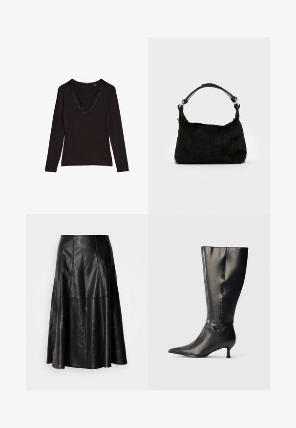 Top negro de manga larga con un escote en V profundo, adornado con un borde decorativo de encaje en el cuello. Tejido suave con un diseño ajustado.; Falda de cuero negro con una silueta acampanada, que presenta costuras visibles y una textura suave. Diseño de longitud media con un corte clásico.; Bota negra de cuero hasta la rodilla, con punta afilada y tacón bajo tipo kitten, mostrada sobre un fondo claro y sencillo.; Bolso de mano de piel sintética negra con una textura suave, forma redondeada y una resistente correa de cuero negro para el hombro. Acentos de herrajes plateados visibles.