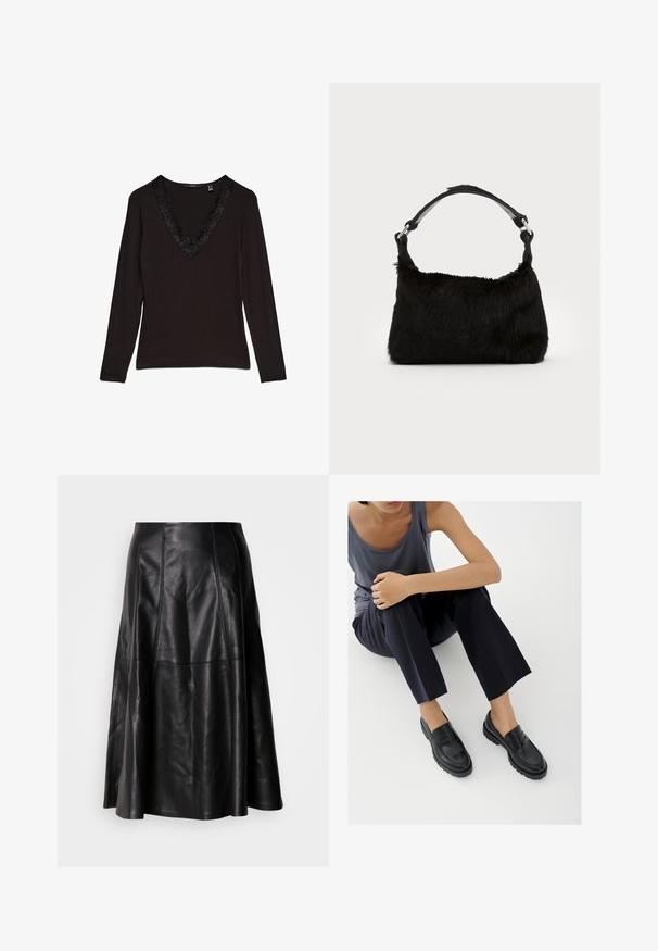Top negro de manga larga con un escote en V profundo, adornado con un borde decorativo de encaje en el cuello. Tejido suave con un diseño ajustado.; Falda de cuero negro con una silueta acampanada, que presenta costuras visibles y una textura suave. Diseño de longitud media con un corte clásico.; Mocasines de cuero negro con detalles texturizados, tacón bajo, puntera redonda y costuras visibles. Modelo vistiendo pantalones oscuros y una blusa gris.; Bolso de mano de piel sintética negra con una textura suave, forma redondeada y una resistente correa de cuero negro para el hombro. Acentos de herrajes plateados visibles.