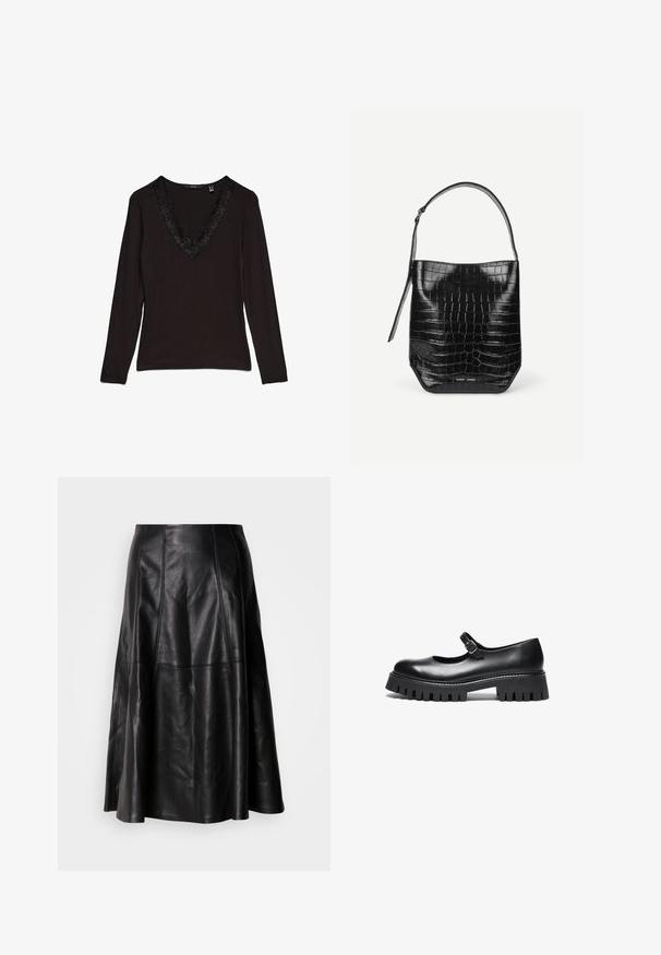 Top negro de manga larga con un escote en V profundo, adornado con un borde decorativo de encaje en el cuello. Tejido suave con un diseño ajustado.; Falda de cuero negro con una silueta acampanada, que presenta costuras visibles y una textura suave. Diseño de longitud media con un corte clásico.; Zapato negro de cuero estilo Mary Jane con punta redonda, correa en el tobillo y suela de goma gruesa con detalles estriados.; Bolso tipo saco de piel negra con relieve de cocodrilo, con una sola correa para el hombro y un pequeño logo de la marca en plata en el centro inferior frontal.