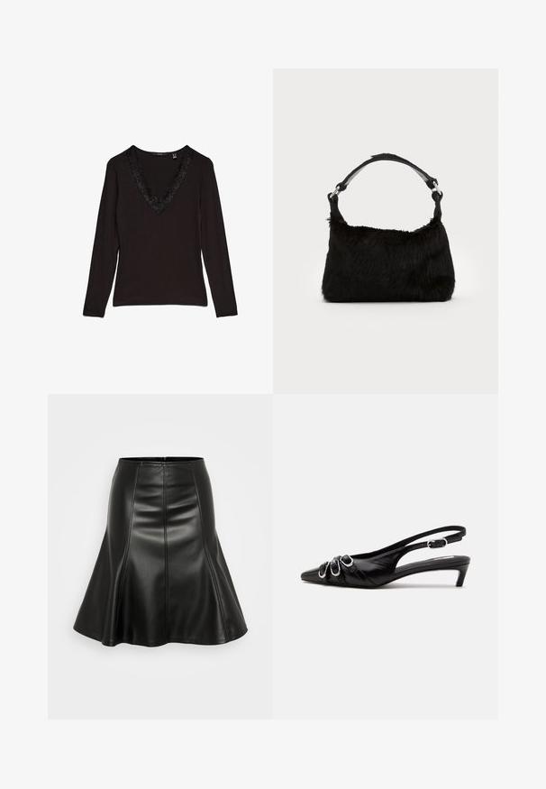Zwarte top met lange mouwen en een diepe V-hals, met een decoratieve kantafwerking langs de kraag. Glad stof met een aansluitend ontwerp.; ONLY ONLELLINOR SKIRT - Plooirok - black; Zwarte leren slingback schoen met puntige neus, drie zilveren gespen aan de voorkant en lage kittenhak op witte achtergrond.; Zwarte neplederen handtas met een zachte textuur, ronde vorm en een stevige zwartleren schouderband. Zilveren hardwareaccenten zichtbaar.