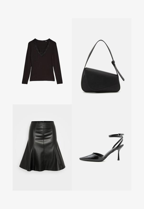 Sort langærmet top med dyb V-udskæring, prydet med dekorativ blondekant langs kraven. Glat stof med en figursyet pasform.; ONLY ONLELLINOR SKIRT - Pliceret nederdel /Nederdele med folder - black; Sort spids højhælet sko med tynde ankelremme og sølvspænde på en ensfarvet lys baggrund.; Sort læderhåndtaske med en triangular form, skrå klap og et rundt håndtag. Har en glat overflade og minimalistiske design detaljer.