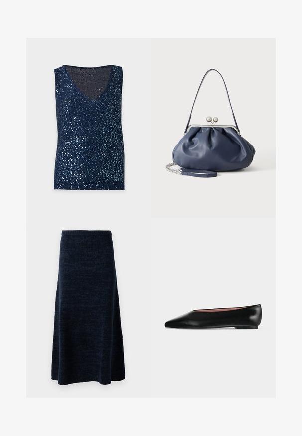 Haut sans manches bleu foncé recouvert de sequins brillants avec un décolleté en V sur un fond clair uni.; Jupe tricotée bleu marine de longueur mi-longue avec taille élastique et légère évasement, présentée sur un fond blanc.; Chaussure plate en cuir noir pour femme, avec bout pointu et petit talon, vue de côté sur un fond gris clair uni.; Sac à main en cuir bleu marine doux avec fermeture à boucle argentée, une seule bandoulière, et une chaîne de poignet amovible sur fond blanc.