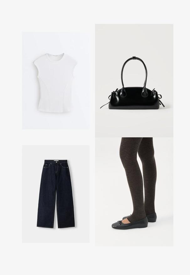 Hvid ribstrikket ærmeløs top med rund halsudskæring og buede sømdetaljer på en flad hvid baggrund.; Mørkeblå denim wide-leg jeans med høj talje, fem lommer, kontraststing og sølvfarvet metalbeslag. Glat overflade og pæn finish.; Ben iført mørke ribbede leggings kombineret med sorte balletsko med små sløjfedetaljer på hvid baggrund.; Lille sort blank håndtaske med to lange håndtag og snøre-detaljer i siden på en ensfarvet lys baggrund.