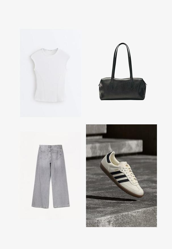 Hvid ribstrikket ærmeløs top med rund halsudskæring og buede sømdetaljer på en flad hvid baggrund.; Grå brede jeans med høj talje, der har en glat tekstur, to baglommer og subtile syninger.; Hvid Adidas Samba sneaker med sorte striber og gummsål, svævende over teksturerede grå betonstrin.; Sort rektangulær læderhåndtaske med to lange skulderstropper og en lynlåslukning øverst.