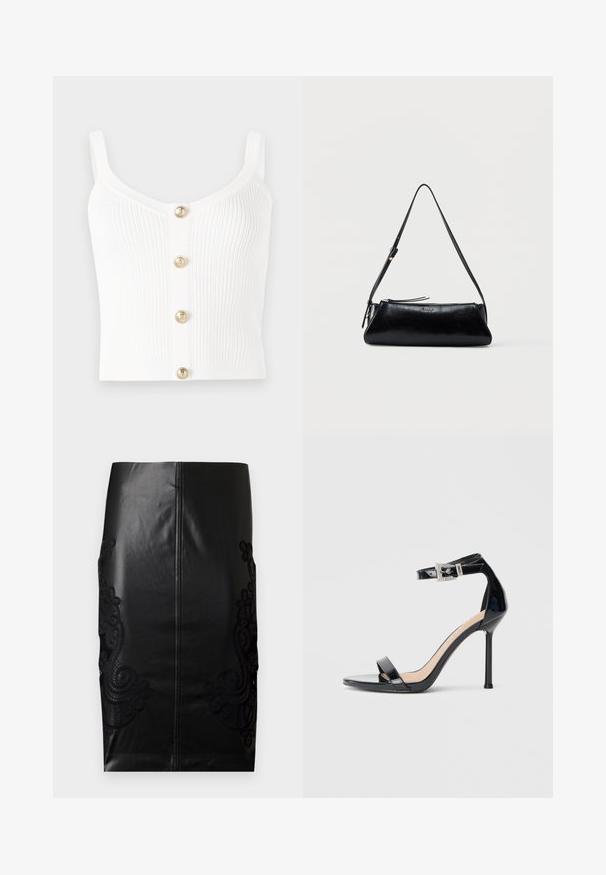 Débardeur en tricot côtelé blanc avec un décolleté en scoop et cinq boutons dorés au centre. Texture lisse avec des bretelles fines.; Jupe crayon en cuir noir avec un délicat broderie en dentelle noire sur les côtés, dos sans couture et texture lisse. Coupe classique et silhouette.; Sandale à talon haut en cuir verni noir avec bride à la cheville. Présente un design minimaliste, un bout ouvert et une boucle ornée de strass.; Sac à bandoulière en cuir noir avec une fine sangle réglable, fermeture éclair et petit logo métallique « GUESS » au centre devant.