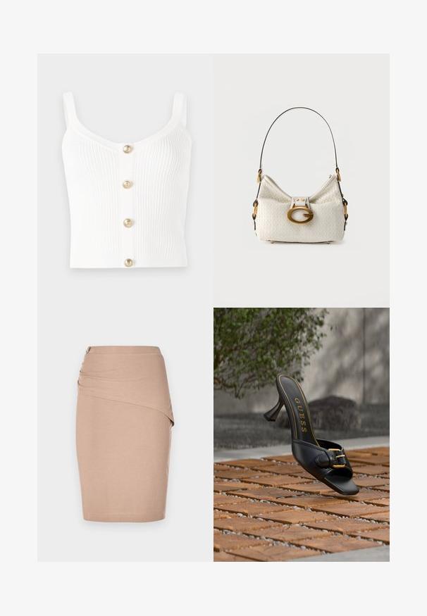 Débardeur en tricot côtelé blanc avec un décolleté en scoop et cinq boutons dorés au centre. Texture lisse avec des bretelles fines.; Jupe crayon beige à mi-longueur, en tissu côtelé, dotée d'un design drapé à l'avant et d'une fermeture éclair sur le côté en argent. Texture lisse.; Mule noire à talon haut avec boucle dorée et logo "GUESS" à l'intérieur, posée sur un sol carrelé extérieur texturé avec un arrière-plan flou de verdure.; Sac à bandoulière en cuir blanc texturé avec une sangle noire courbe et une grande boucle ovale dorée sur le rabat avant.