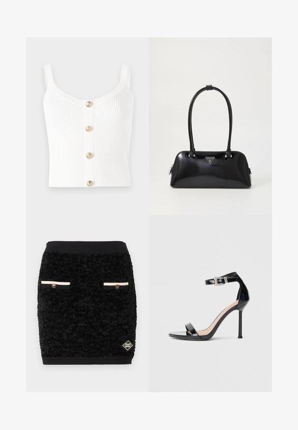 Débardeur en tricot côtelé blanc avec un décolleté en scoop et cinq boutons dorés au centre. Texture lisse avec des bretelles fines.; Mini-jupe noire texturée avec deux fausses poches avant ornées de bordures noires et blanches ainsi que de boutons dorés, et un petit écusson logo en forme de losange.; Sandale à talon haut en cuir verni noir avec bride à la cheville. Présente un design minimaliste, un bout ouvert et une boucle ornée de strass.; Sac à main noir brillant avec une silhouette incurvée, deux poignées et une plaque logo à l'avant. Fermeture éclair et accents en matériel brillant.