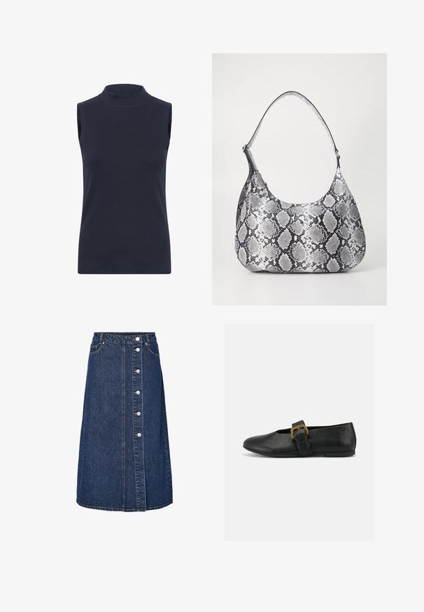 Haut sans manches en col roulé bleu marine en tissu côtelé, avec une coupe près du corps et une texture lisse. Aucuns motifs ni embellissements visibles.; Jupe en denim à taille haute, fermeture par boutons à l'avant, et deux poches latérales. Couleur bleu foncé, coupe droite, avec détail de couture visible.; Chaussure plate en cuir noir avec une large bride et une grande boucle dorée sur un fond blanc uni.; Sac à épaule en simili cuir noir et blanc avec imprimé serpent, de forme arrondie, texture lisse et bandoulière incurvée. Présente un accent en matériel argenté.