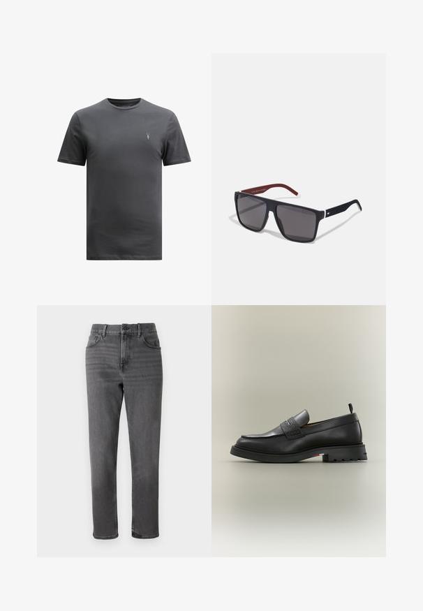 AllSaints BRACE CREW - Βασικό μπλουζάκι - CARTER GREY; Γκρι τζιν παντελόνι με σχέδιο κανονικής γραμμής, διαθέτει πέντε τσέπες και κουμπί εμπρός. Λείος υφασμάτινος τρόπος με απαλές φθορές.; Μαύρο δερμάτινο μοκασίνι με λεπτομέρεια υφής στο λουράκι, χοντρή σόλα, ταινία για τράβηγμα στη φτέρνα και διακριτική έγχρωμη ρίγα στο πλάι της σόλας.; Tommy Hilfiger Γυαλιά ηλίου - matte blue
