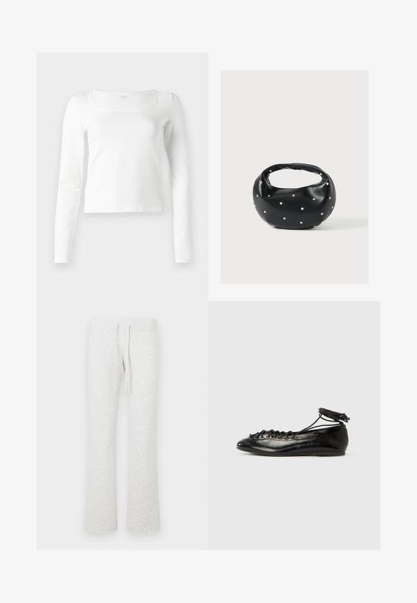 Top blanco de manga larga ajustado con escote cuadrado y longitud ligeramente recortada, exhibido sobre un fondo blanco.; Pantalones deportivos gris claro hechos de tela suave; cuentan con cintura con cordón y diseño de pierna acampanada; textura lisa sin patrones visibles.; Zapatos planos tipo ballet de charol negro con punta redondeada, diseño con cordones y suela plana. Textura lisa con detalles mínimos.; Bolso de mano de cuero negro con forma redondeada, decorado con detalles de tachuelas plateadas y un asa corta. Textura lisa y cierre con cremallera.
