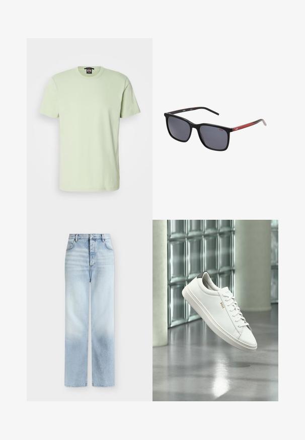 Hellgrünes Baumwoll-T-Shirt mit kurzen Ärmeln, klassischem Rundhalsausschnitt, glatter Textur und ohne sichtbare Muster oder Akzente.; Hellblaue, hoch taillierte Jeans mit geradem Bein, Fronttaschen, Gürtelschlaufen und einem Knopfverschluss.; Weißer Leder-Low-Top-Sneaker mit Schnürsenkeln, schwarzer Fersenschlaufe und „BOSS“-Logo, der drinnen nahe einer Glassteinwand und einem polierten Boden schwebt.; Quadratische Sonnenbrillen mit schwarzen Kunststoffrahmen und dunkelgrauen Gläsern. Mit roten Akzenten an den Bügeln, die mit "HUGO" branding versehen sind.