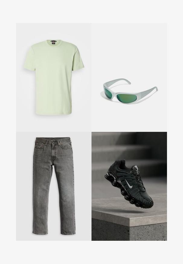 Camiseta de algodón de color verde claro con mangas cortas, cuello redondo clásico, textura suave y sin patrones ni acentos visibles.; Vaqueros de mezclilla gris con ajuste de pierna recta, que cuentan con cinco bolsillos, remaches de cobre y costuras visibles. Diseño clásico con cierre de cremallera.; Zapatilla de correr Nike en negro y gris oscuro con el logo Swoosh blanco suspendida sobre un borde de cemento y escaleras al fondo.; Arnette CATFISH - Gafas de sol - metallic silver
