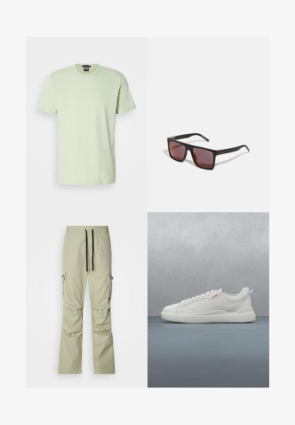Camiseta de algodón de color verde claro con mangas cortas, cuello redondo clásico, textura suave y sin patrones ni acentos visibles.; Pantalones cargo verde claro con un corte relajado, cintura elástica, cordón negro, dos bolsillos laterales y detalles de costura sutiles.; Zapatilla blanca con un acabado de cuero liso, punta redonda, cuatro ojales, perforaciones sutiles y un detalle de logo rojo en el lateral.; Gafas de sol rectangulares negras con lentes de color rojo oscuro, con un acabado mate y un logo rojo en la patilla. Montura de plástico resistente.