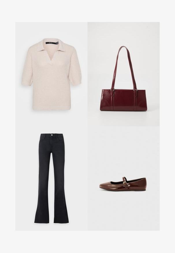 Heled beige kootud polo-sviiter lühikeste varrukatega, V-kaelusega ja tekstuurse pinnaga. Ribbiga ääre ja krae detail.; Mustad kõrge vöökohaga laiade säärtega teksapüksid, ees nuppude ja taskutega, esitatud ühevärvilise heleda taustaga.; Pruun patendiga nahast pallisaapad ruudukujulise varbaga ja rihmaga, millel on väike kuldne pandla. Sile tekstuur, madal konts ja minimalistlik disain.; Burgundia värvi käekott, mis on valmistatud läikivast materjalist, ristküliku kujuline, kahe õlapaelaga ning ees on peened kaarjad aktsendid.