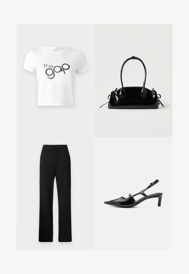 T-shirt court blanc en coton avec un logo graphique noir pailleté "the gap" à l'avant. Manches courtes et encolure ronde.; Pantalon noir ajusté, design à jambe droite, tissu lisse avec une texture subtile, doté d'une ceinture standard et sans poches visibles.; Chaussure slingback en cuir verni noir à bout pointu, petit talon et deux brides réglables avec boucles, vue de profil latéral.; Petit sac à main noir brillant avec deux longues anses et des détails à cordon sur les côtés sur un fond clair uni.