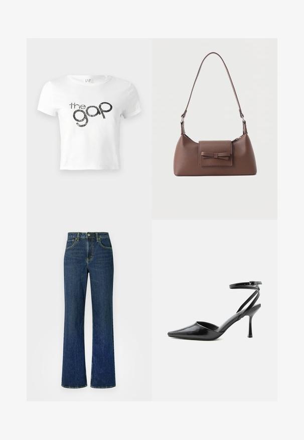 T-shirt court blanc en coton avec un logo graphique noir pailleté "the gap" à l'avant. Manches courtes et encolure ronde.; Jean en denim bleu foncé légèrement délavé, taille haute, coupe large, avec un design classique à cinq poches. Points de surpiqûre jaunes partout.; Escarpin noir à bout pointu avec fines brides de cheville et fermeture à boucle argentée sur fond clair uni.; Sac à bandoulière en cuir marron avec une poche à rabat avant ornée d'un détail en forme de nœud cousu et une sangle réglable.