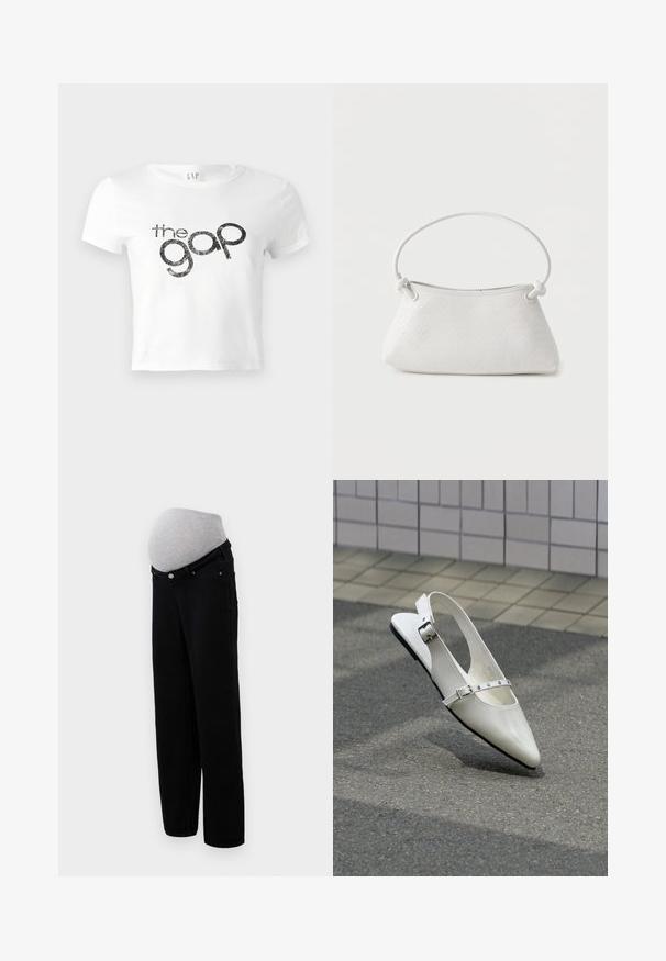 T-shirt court blanc en coton avec un logo graphique noir pailleté "the gap" à l'avant. Manches courtes et encolure ronde.; Un jean de maternité en denim noir avec un panneau en jersey gris doux pour le soutien du ventre, une coupe droite et un style classique à cinq poches.; Chaussure plate slingback blanche pointue avec deux boucles argentées, présentée en extérieur sur un sol texturé et un mur carrelé en arrière-plan.; Sac à main en cuir tressé blanc avec poignée arrondie et extrémités de lanière nouées, présenté sur un fond uni.