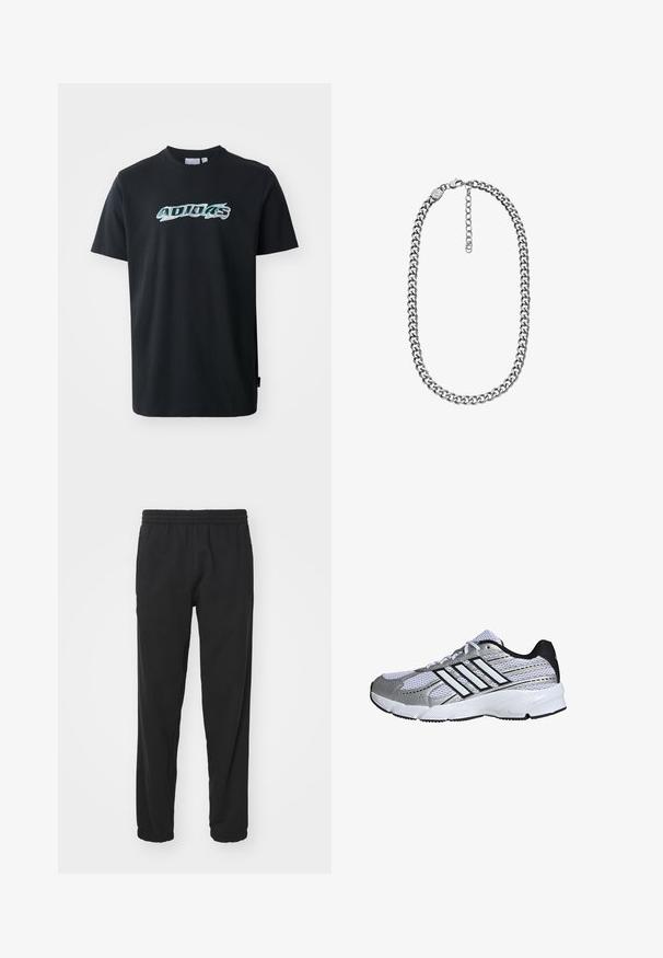 Sort bomulds T-shirt med korte ærmer, der har et blankt, flerfarvet "ADIDAS" logo på forsiden. Klassisk crewneck design.; Sorte letvægts joggerbukser med elastisk talje, tætsiddende ben, samlede manchetter og sidelommer for øget funktionalitet.; Mesh atletik sko i hvid og sølv, med sorte detaljer, tre hvide striber logo, polstret krave og tekstureret gummisål.; Smykke med sølvfarvet curb-kæde med en lås med hummerlås og justerbar forlængerkæde på en hvid baggrund.
