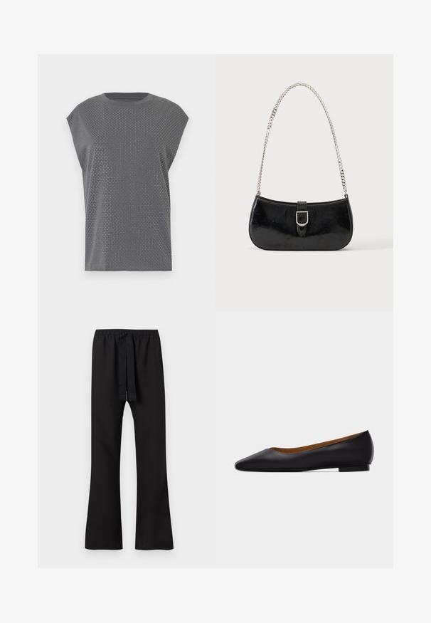 Gray short-sleeve t-shirt with a crew neck, featuring a dotted texture throughout. Made from soft fabric with a relaxed fit.; Black flared pants with a drawstring waistband. Made from a smooth fabric, featuring a relaxed fit and clean lines. No pockets visible.; Black leather pointed-toe flat shoe with low heel and smooth finish, shown from side on a light gray background.; Black patent leather shoulder bag with silver buckle detail and a silver chain strap, displayed against a plain light background.