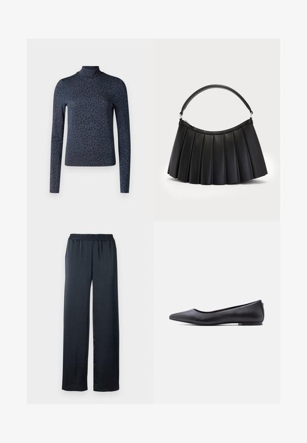 Langærmet turtleneck-top i mørkeblå med et diskret leopardmønster. Fremstillet af glat stof, med en tætsiddende silhuet.; Sorte vidde bukser lavet af blødt, let stof. Har en elastisk talje for komfort og en flydende silhuet.; Sort flad lædersko med spidst tåparti og lav hæl, vist i sideprofil mod en hvid baggrund.; Sort plisseret håndtaske lavet af syntetisk læder, med et buet håndtag og lynlåslukning i toppen. Glat tekstur med struktureret design.