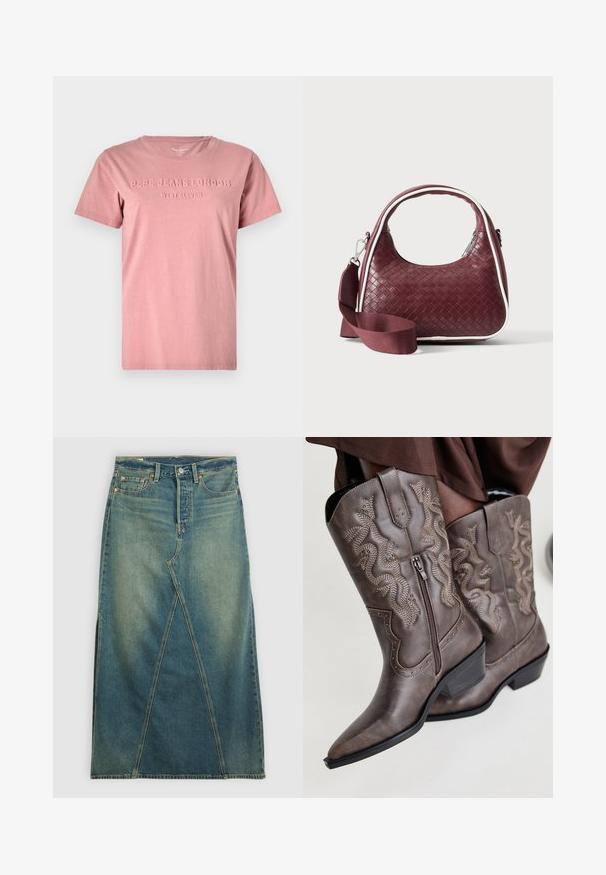 Roze katoenen t-shirt met een ronde hals en korte mouwen. Heeft reliëf tekst "PEPE JEANS LONDON WEST ELEVEN" op de voorkant.; Jeansrok met een hoge taille, in middelblauw. Heeft een opvallende voornaad, zijsplitten en een standaard vijf-pocket ontwerp.; Bruine leren cowboylaarzen met een spitse neus, zijrits en een textuur van een slang in beige, met decoratieve studs langs de randen.; Donkerrode geweven leren handtas met gebogen handvat, witte bies, zilveren rits en afneembare brede stoffen schouderriem tegen een effen achtergrond.