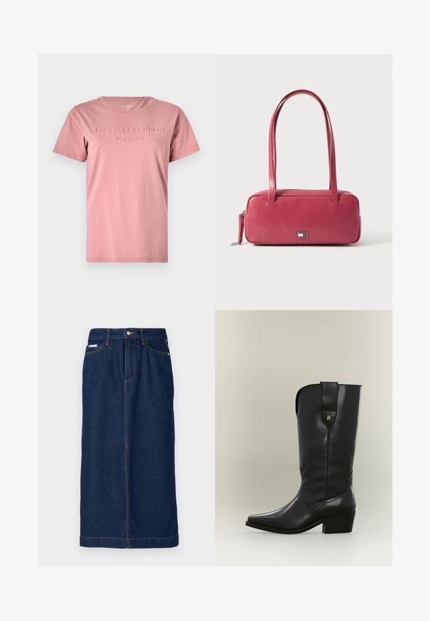 Roze katoenen t-shirt met een ronde hals en korte mouwen. Heeft reliëf tekst "PEPE JEANS LONDON WEST ELEVEN" op de voorkant.; Donkerblauwe denimrok met een rechte snit, voorzien van oranje stiksels, een tailleband met lussen voor een riem en voorkantzakken.; Hoge zwarte leren cowboylaars met spitse neus, stevige hak en treklus met een klein gouden logo.; Roze leren handtas met een rechthoekige vorm, dubbele handvatten en een klein metalen embleem aan de voorkant, met een gladde, glanzende textuur.