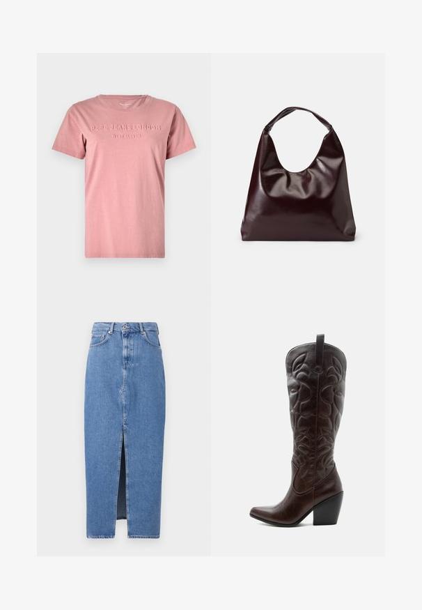 Rosa Baumwoll-T-Shirt mit Rundhalsausschnitt und kurzen Ärmeln. Mit erhabenem Text "PEPE JEANS LONDON WEST ELEVEN" auf der Vorderseite.; Hellblaues Denim-Midi-Rock mit einem vorderen Schlitz, klassischem Fünf-Taschen-Design und einem oberen Knopfverschluss. Der Stoff hat eine leichte Textur.; Hoher dunkelbrauner Leder-Cowboystiefel mit gestickten dekorativen Mustern, spitzer Spitze und gestapeltem Blockabsatz.; Burgunderfarbene, glänzende tote Bag aus veganem Leder mit einer weichen, skulpturalen Form und einem breiten, geschwungenen Henkel für einfaches Tragen.