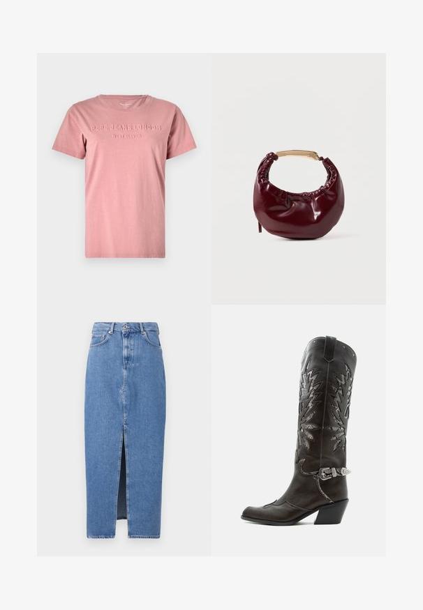 Lyserød bomulds T-shirt med rund hals og korte ærmer. Har prægede bogstaver "PEPE JEANS LONDON WEST ELEVEN" på fronten.; Lyseblå denim midi-nederdel med en frontslids, klassisk fem-lomme design og lukning med topknap. Stoffet har en let struktur.; Sort læder cowboystøvle med dekorative udskæringer, sølvspænde og skrå hæl, vist på hvid baggrund.; Bordeaux farvet faux læder handbag med en afrundet form, samling detaljer og et guldtonet metalhåndtag. Glat tekstur og blank finish.