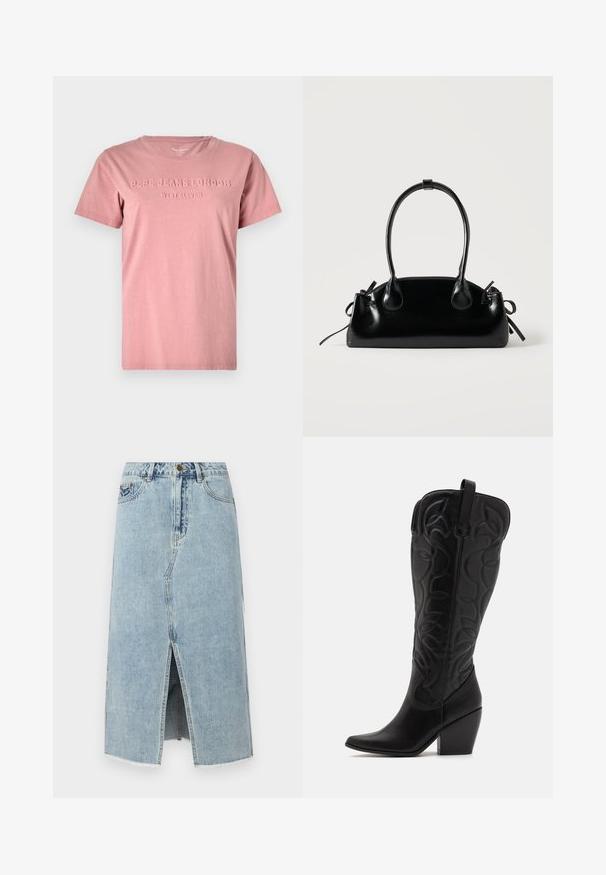Lyserød bomulds T-shirt med rund hals og korte ærmer. Har prægede bogstaver "PEPE JEANS LONDON WEST ELEVEN" på fronten.; Lysblå denimskørt med en frontslids, frynset kant, fem lommer og en knaplukning i taljen. Klassisk lige snit design.; Sorte knæhøje støvler i læder med spids snude og lagdelt hæl. Har dekorative syninger og buede designelementer.; Lille sort blank håndtaske med to lange håndtag og snøre-detaljer i siden på en ensfarvet lys baggrund.