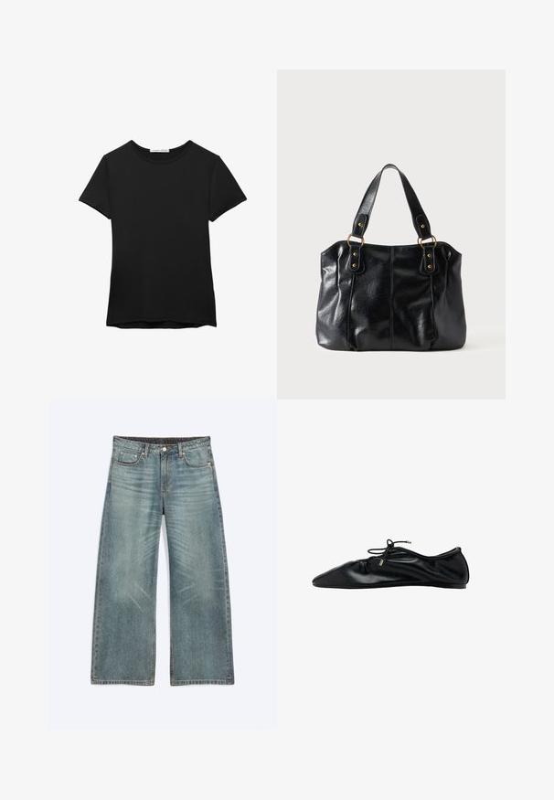 Zwarte t-shirt met korte mouwen van gladde stof. Heeft een ronde halslijn en een losse pasvorm met een rechte zoom.; Blauwe wijde denim jeans met voorzakken, riemlussen, knoopsluiting en subtiele vervaagde details op dijen en knieën.; Zwarte leren ballerina met een geraffineerde neus en veter met metalen uiteinden, minimalistisch en slank zijaanzicht.; Zwarte leren schoudertas met dubbele bandjes bevestigd met gouden ringen en klinknagels, glad en licht glanzend oppervlak, eenvoudig ontwerp.
