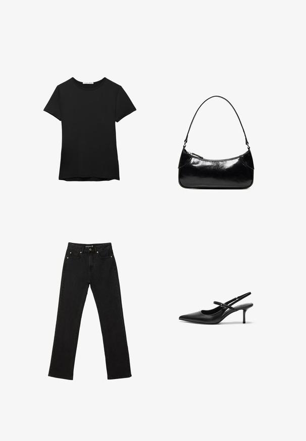 Schwarzes kurzärmliges T-Shirt aus glattem Stoff. Mit Rundhalsausschnitt und einer lockeren Passform sowie einem geraden Saum.; Schwarze Jeans mit geradem Bein, fünf Taschen, Knopfverschluss und Gürtelschlaufen, Größe 38.; Schwarze Leder Slingback-Absätze mit einer spitzen Zehenform, schmalem verstellbarem Riemen und einem etwa 5 cm hohen Stiletto-Absatz, glatte Textur.; Schwarze, glänzende Lederschultertasche mit einem einzelnen Reißverschlussfach und einem dünnen, bogenförmig gebogenen Träger.