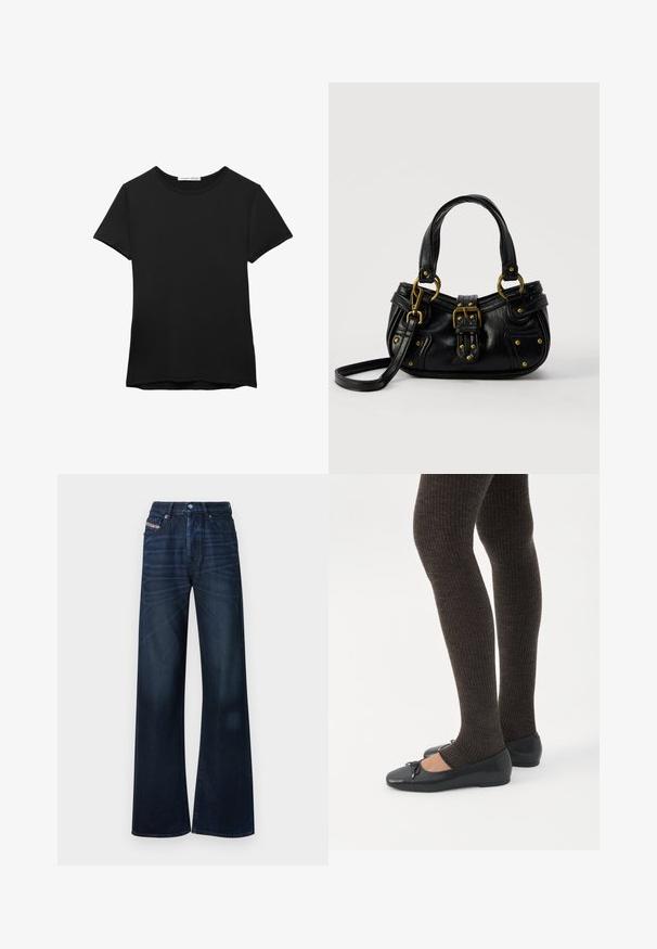Sort kortærmet t-shirt lavet af glat stof. Har en rund halsudskæring og en afslappet pasform med en lige kant.; Mørkeblå jeans med vide ben lavet af denim. Har knaplukning, design med fem lommer og subtil falming foran.; Ben iført mørke ribbede leggings kombineret med sorte balletsko med små sløjfedetaljer på hvid baggrund.; Sort læderhåndtaske med guldbælge og nitdetaljer, korte håndtag og en justerbar skulderrem på en ensfarvet hvid baggrund.
