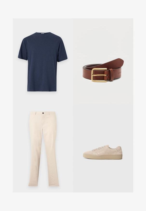 T-shirt bleu marine à manches courtes en tissu doux, avec un col rond et une coupe droite décontractée. Sans motifs ni accents visibles.; Pantalon beige à jambes droites avec passants de ceinture, bouton avant et fermeture éclair, présenté sur un fond clair uni.; Baskets en daim beige avec un bout rond, des lacets plats et une semelle en caoutchouc texturé. Design minimaliste avec des bords lisses et des coutures discrètes.; Ceinture en cuir marron avec boucle rectangulaire dorée, roulée sur un fond blanc uni.