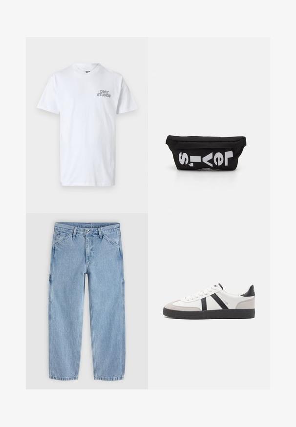 Hvid bomulds T-shirt med rund halsudskæring og korte ærmer, med "OBEY STUDIOS" trykt i sort på venstre brystområde.; Lyseblå straight-leg denimjeans med frontknap, lynlås, bæltestropper og skrå forlommer på en ensfarvet baggrund.; Hvide sneakers med sorte og grå detaljer, med en tekstureret grå tåhætte, sort gummisål og flade hvide snørebånd. Rent design, minimalistisk stil.; Sort stoftaske med flad form, prydet med fed hvid tekst. Lynlåsen er placeret øverst, med en løkke detalje på den ene side.