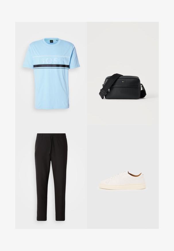 Hele sinine puuvillane T-särk, ümmarguse kaelusega, mille keskel on tekstuuriga "BOSS" logo ja must horisontaalne triip üle rinna.; Mustad jogger-püksid, mis on valmistatud siledast kangast. Omavad elastset pihaotsikut koos paelaga, kitsenevaid jalaosi ja nähtamatuid taskuid. Lihtne disain.; Valge madala lõikega toss, millel on paeltega sulandumise disain, minimaalsete õmbluse detailidega ja koorevärvilise tallaga helehallil taustal.; Mustast tekstuuriga nahast ristkere kott esiküljel lukuga tasku ja reguleeritava laia kangast õlarihmaga valgel taustal.
