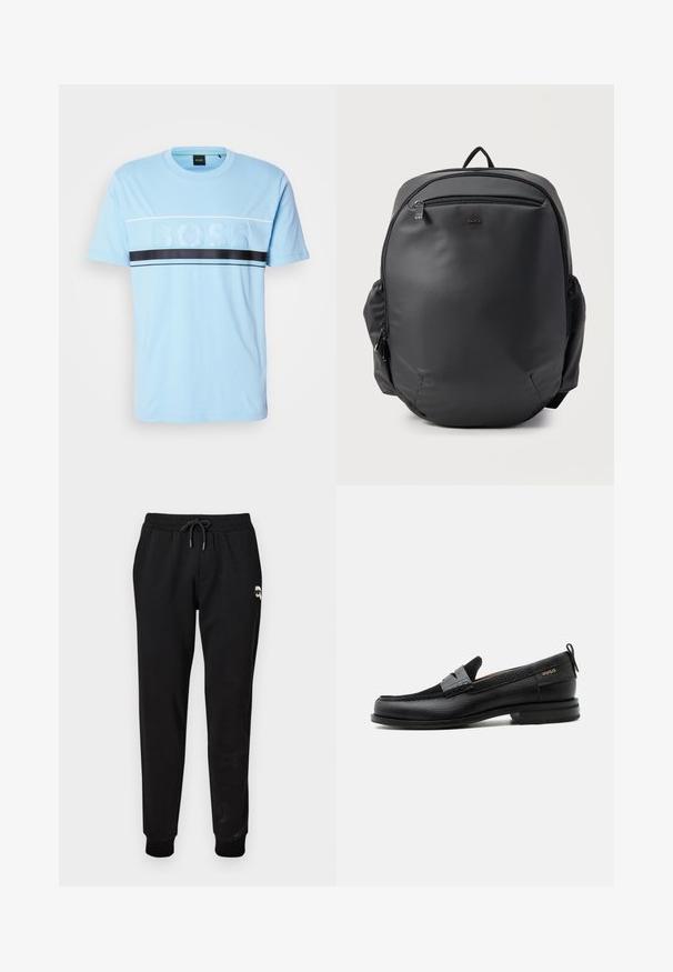 Lyseblå bomulds t-shirt med rund hals, der har et tekstureret "BOSS" logo i midten og en sort vandret stribe tværs over brystet.; Sorte sweatpants med elastisk talje og justerbar snor. Har ribbede manchetter og en lille grafikdetalje på den øverste del af benet.; Sort læderloafer med grå remdetalje, lav hæl og tekstureret sål, mærket med "HUGO" i guld på siden.; Sort rygsæk med glat struktur og BOSS-logo, frontlomme med lynlås, sidelommer med lynlås og bærehåndtag øverst på hvid baggrund.