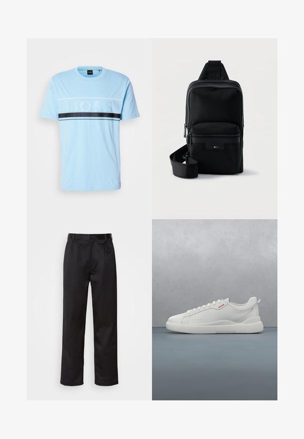Camiseta de algodón azul claro con cuello redondo, con un logo texturizado de "BOSS" en el centro y una franja horizontal negra en el pecho.; Pantalones negros de tela suave, con cierre delantero de botón, pliegues y patas rectas. Sin patrones ni acentos visibles.; Zapatilla blanca con un acabado de cuero liso, punta redonda, cuatro ojales, perforaciones sutiles y un detalle de logo rojo en el lateral.; Bolso compacto negro de bandolera con bolsillo frontal con cremallera, correa ajustable y tela texturizada sobre fondo liso.