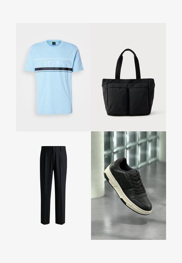 Himmelsblaues Baumwoll-T-Shirt mit Rundhalsausschnitt, das ein strukturiertes "BOSS"-Logo in der Mitte und einen schwarzen horizontalen Streifen über der Brust aufweist.; Schwarze Hose aus glattem Stoff, mit geradem Bein-Design, Falten vorne und einem Knopfverschluss mit Gürtelschlaufen.; Schwarzer Ledersneaker mit weißer Sohle und schwarzen Schnürsenkeln, der über einem grauen Boden und einer Wand aus Glasbausteinen schwebt.; Schwarze Tragetasche aus weichem Stoff, mit zwei vorderen Taschen und stabilen Tragegriffen. Logo an der Seite angebracht. Einfaches, funktionales Design.