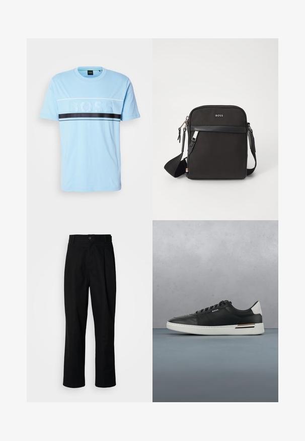 Camiseta de algodón azul claro con cuello redondo, con un logo texturizado de "BOSS" en el centro y una franja horizontal negra en el pecho.; Pantalones rectos negros con cintura con botones, trabillas para cinturón y pliegue frontal, exhibidos sobre un fondo blanco liso.; Zapatilla de cuero negra con suela blanca, cuenta con perforaciones, diseño de cordones, logo en el costado y detalle del talón en blanco y marrón.; Bolso bandolero negro con un tejido texturizado, logo en la parte frontal, cierre de cremallera y correa ajustable. Presenta un ribete de cuero suave.